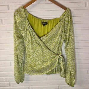4Si3nna Lime Green Floral Mesh Long Sleeve Wrap Top, Women’s Size Medium